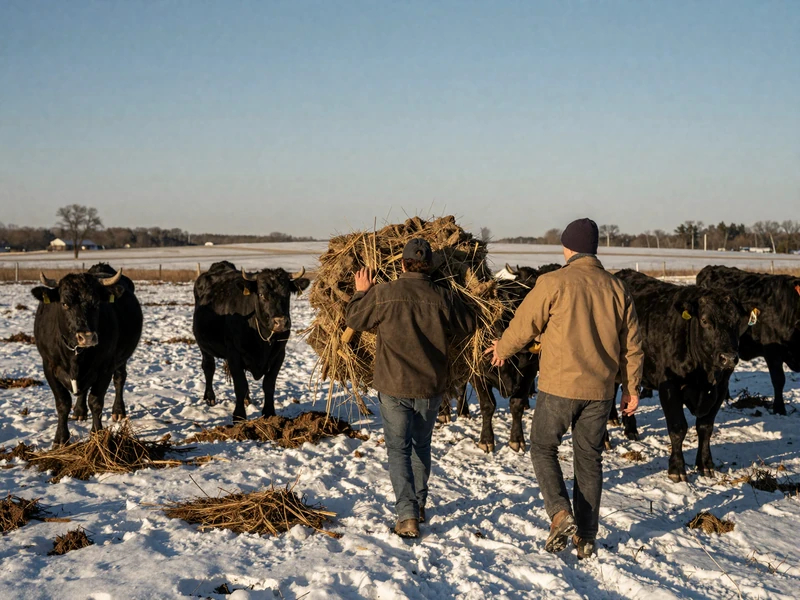 Farmer carrying hay through snowy cattle pasture in winter light, showing off-season farm routines