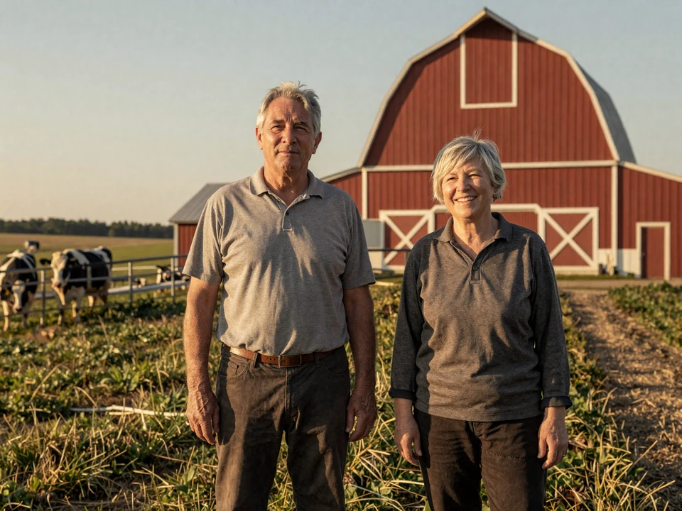 Mature European-heritage farming couple Klaus and Greta standing together on a Wisconsin dairy farm at golden hour, representing authentic European farmers dating
