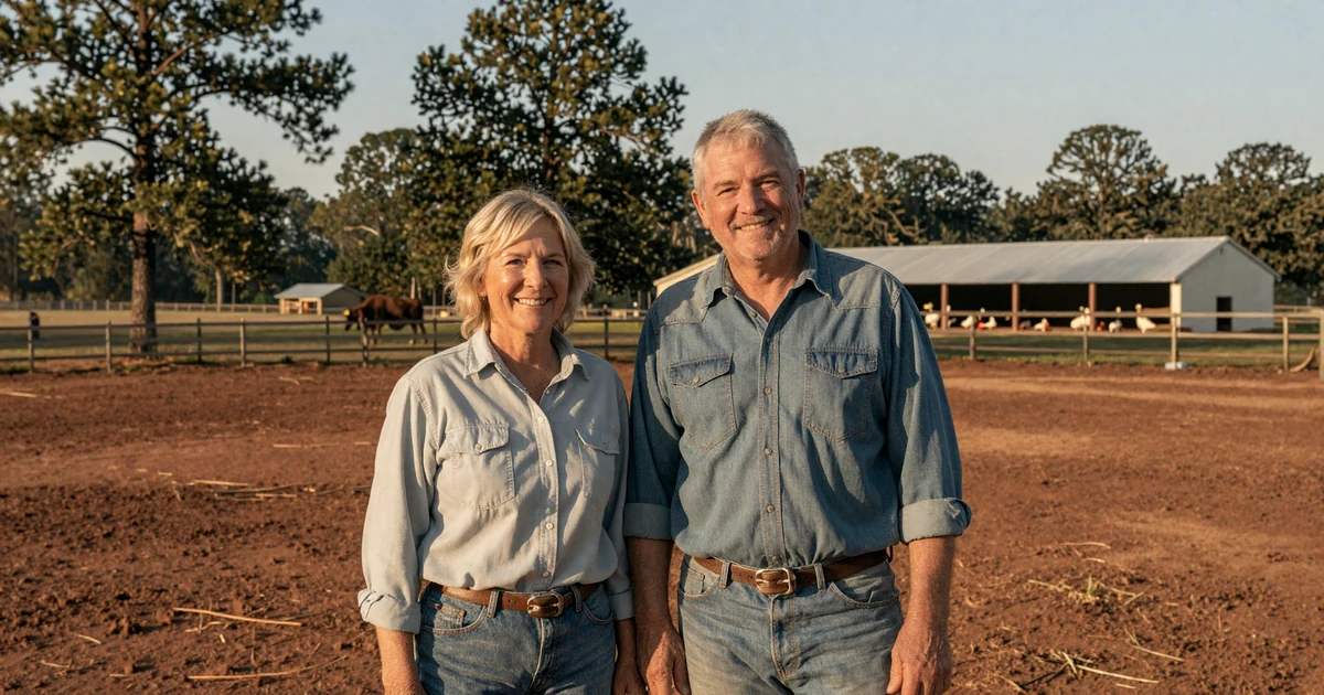 Mature Alabama farmer couple in their sixties standing on a red-clay pasture with pine trees and a poultry barn behind them, representing Heart of Dixie rural dating