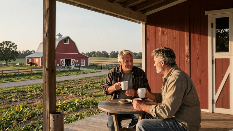 Mature farmer couple sharing coffee on a farmhouse porch at dawn, SeniorDatingSenior homepage
