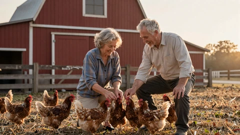 Mature farmer couple feeding chickens at a red barn at sunrise, illustrating daily farm life and relationships