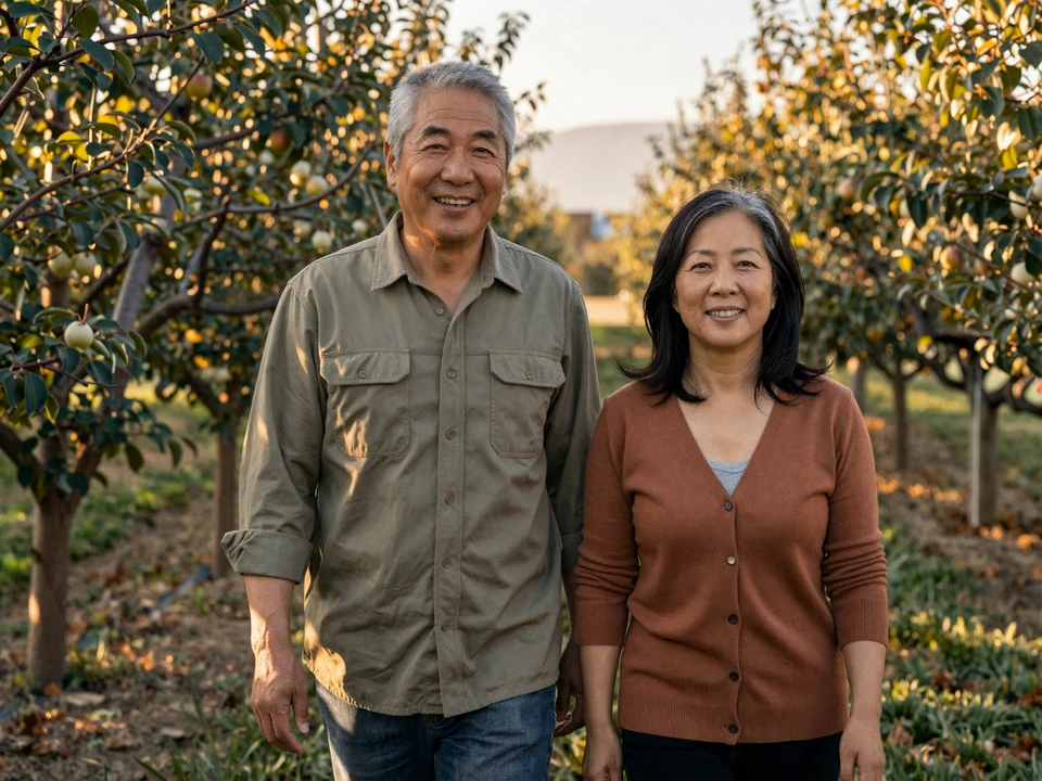 Mature Asian American farming couple David and Mei walking through their pear orchard at golden hour, representing authentic Asian farmers dating