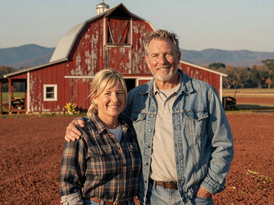 Mature North Carolina farmer couple in their sixties beside a red tobacco barn with Piedmont farmland and Blue Ridge foothills behind them, representing Tar Heel rural dating