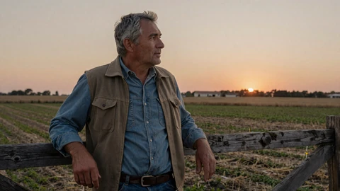 Mature farmer man leaning on a wooden fence at sunset, illustrating how to date a farmer