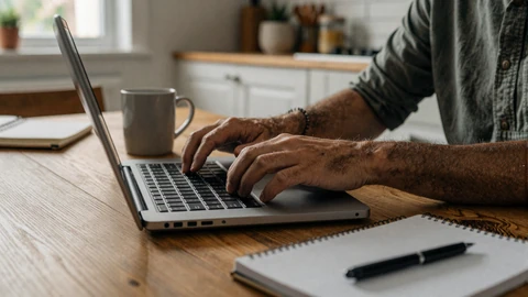 Mature farmer typing on a laptop at a kitchen table, frequently asked questions about farmer dating