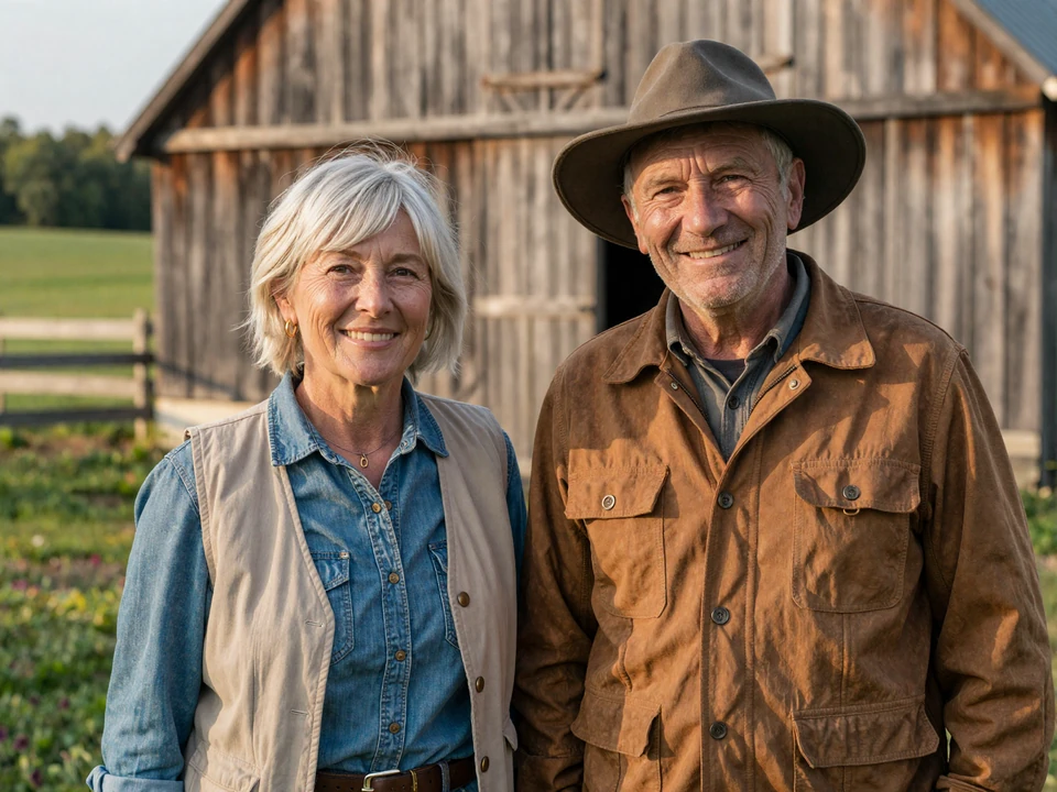 Mature farmer couple standing together on a rural farm at golden hour, representing real members of a farmer dating site
