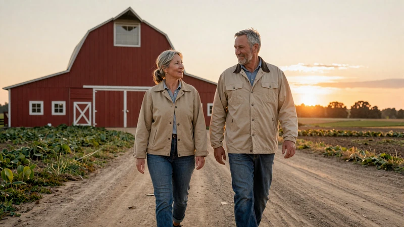 Mature farmer couple walking a dirt road at sunset with red barn, dating a farmer guide
