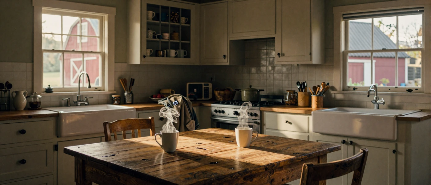 Farmhouse kitchen at sunrise with two coffee mugs on a pine table and a red barn through the window, illustrating life on a farm and relationships