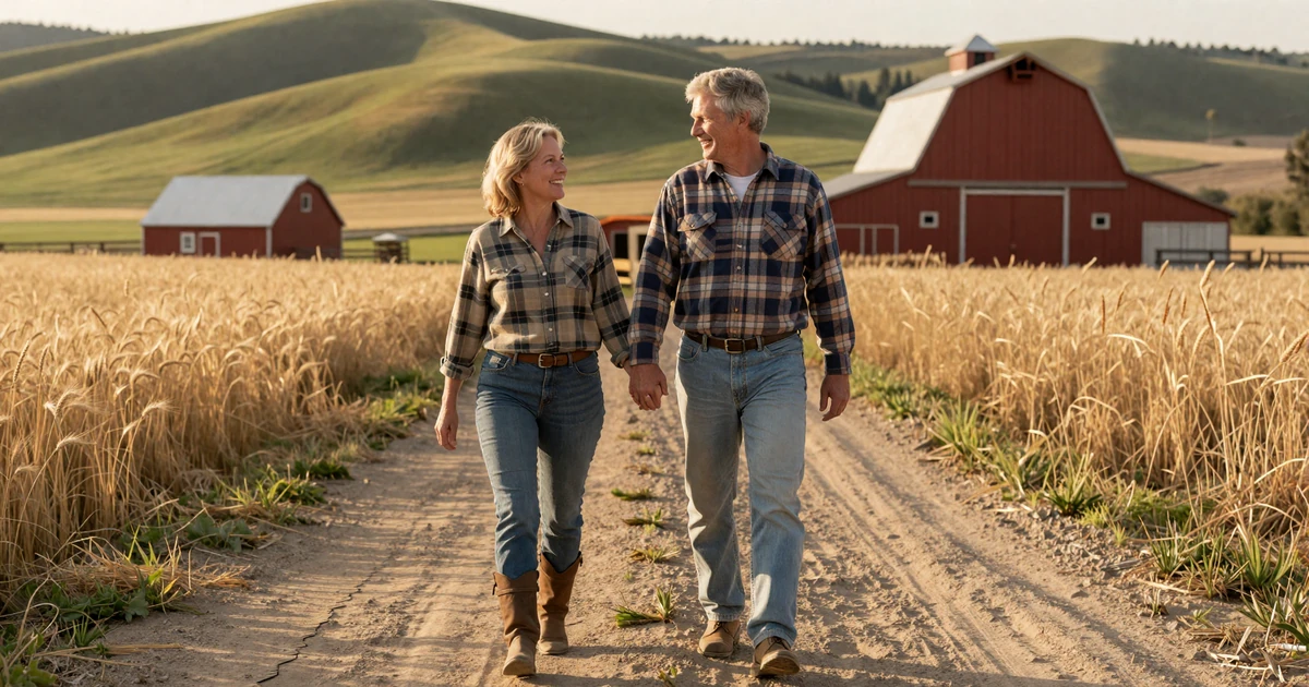 Mature country couple walking hand in hand down a dusty farm lane at golden hour, rural date ideas