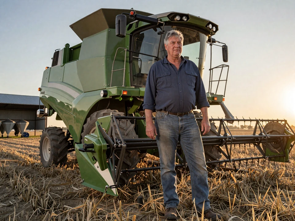 Thomas, a 62-year-old commercial corn and soy farmer, standing beside a modern combine harvester at harvest for industrial farmers dating