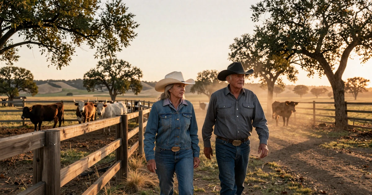 Mature Texas rancher couple in their sixties walking a fence line at golden hour with longhorn cattle and Hill Country terrain, representing Lone Star State cowboy dating