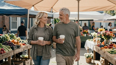 Mature couple walking through a small-town farmers market with coffee, rural date ideas