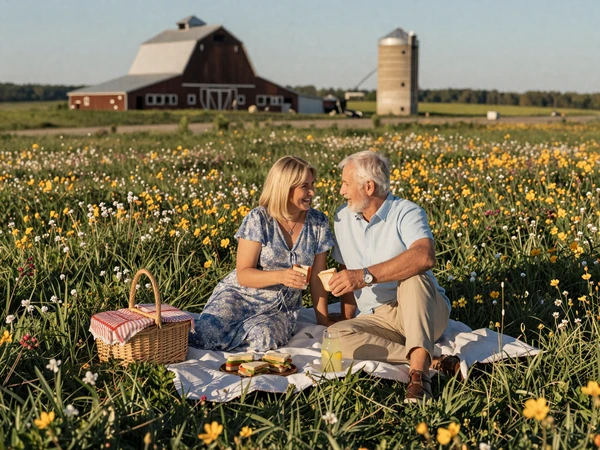 Mature couple on a picnic blanket in a wildflower meadow with distant barn and silo, sunset picnic rural date