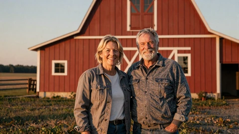 Mature farmer couple in front of a red barn at sunset, meet real farmers on SeniorDatingSenior