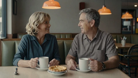 Mature couple meeting for coffee at a small-town diner booth, safe first date after online dating