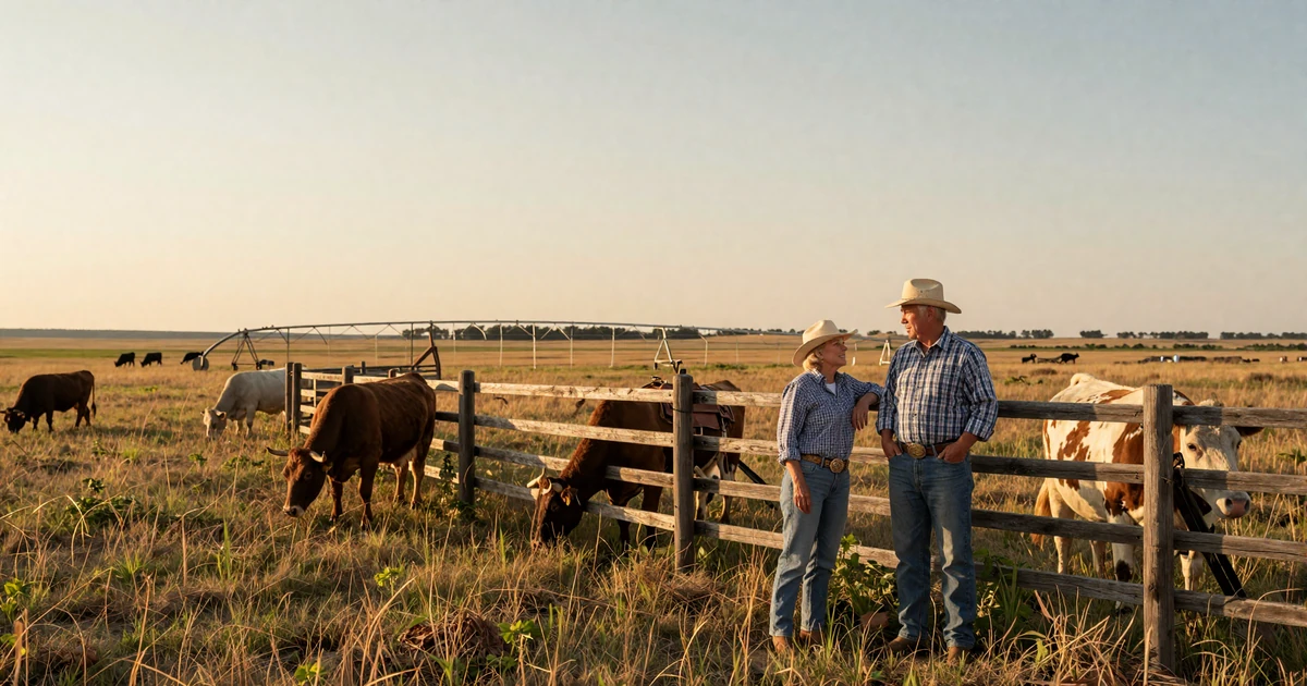 Mature Nebraska rancher couple standing by a wooden fence with grazing cattle and Sandhills prairie behind them, representing Nebraska farmers dating on the plains