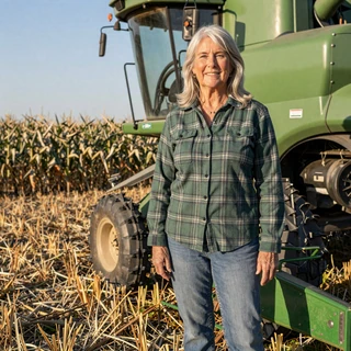 Marlene, 61, Nebraska corn and soybean farmer beside a combine near Grand Island
