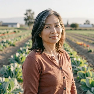 Mei, a 59-year-old specialty produce farmer from Sacramento California, verified Asian farmers dating member