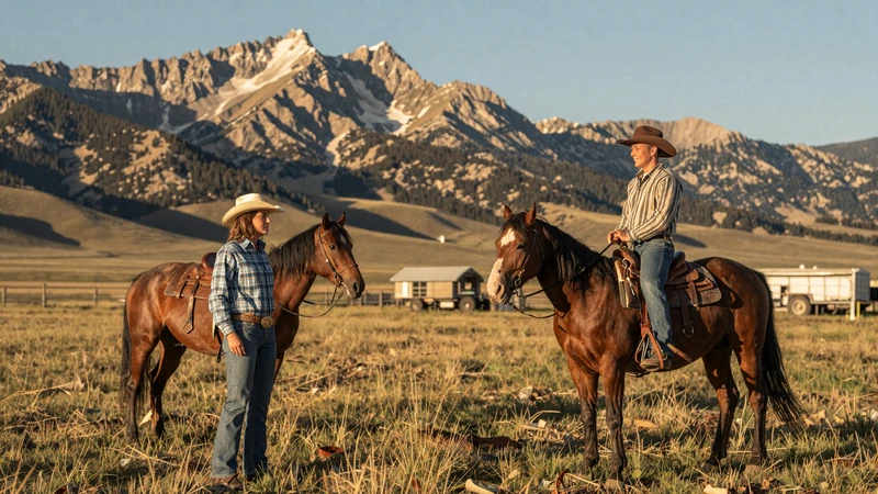 Mature cowboy and cowgirl in Montana ranch landscape, Montana farmers dating in wide-open country