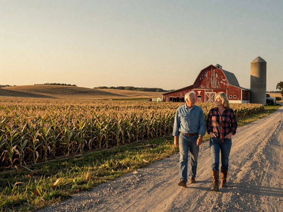 Mature Iowa farmer couple walking a gravel section road at golden hour with corn fields and a red barn in the background, representing Iowa farmers dating