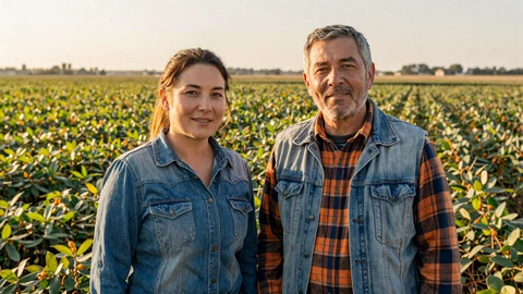 Mature farmer couple in front of a soybean field, why choose SeniorDatingSenior over generic dating apps