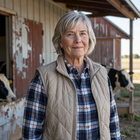 Carolyn, 62, a Kansas dairy farmer from Garden City, standing by a weathered dairy barn