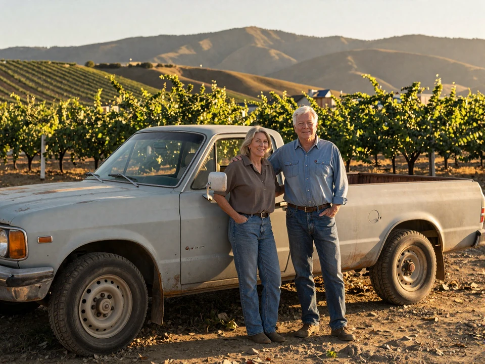 Mature California farmer couple in their sixties standing beside a pickup truck at the edge of a Central Valley almond orchard with vineyards and Sierra foothills in the distance, representing rural California agricultural dating