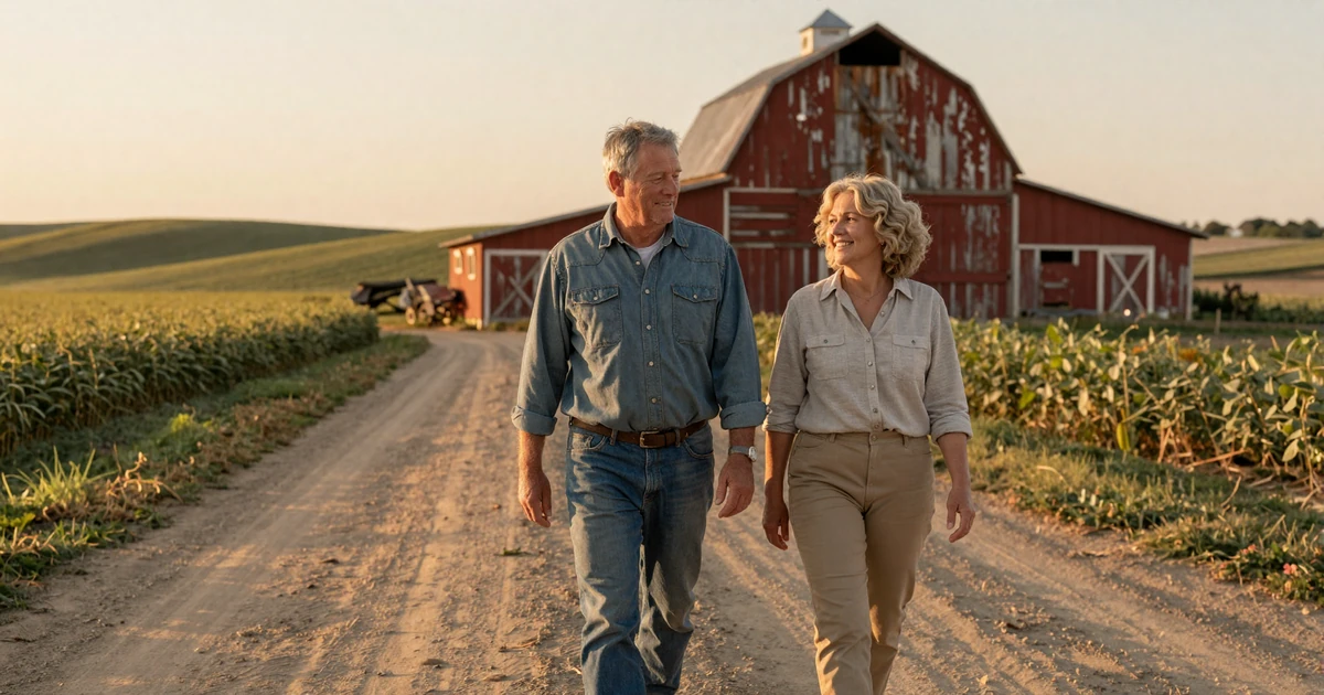 Mature farmer couple walking a dirt farm road at sunset with a red barn behind them, illustrating how to date a farmer