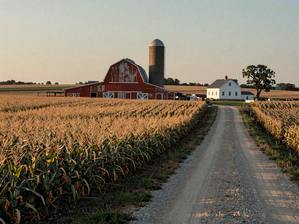 Midwestern family farm at sunrise with red barn and grain silo, representing the rural community served by SeniorDatingSenior farmer dating service