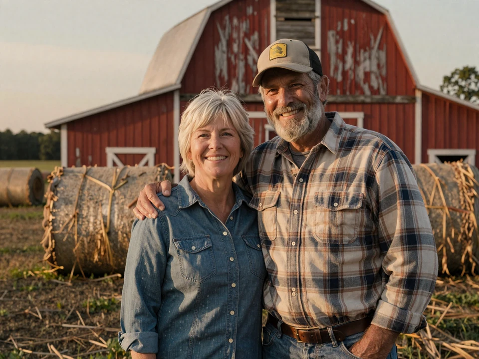 Mike and Donna, a mature farmer couple who met on our farmer dating site and married, standing beside their Ohio barn at golden hour