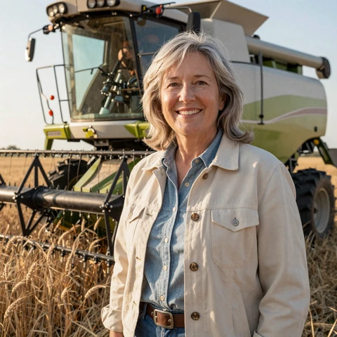 Marlene, 59, a Kansas wheat and sorghum farmer from Hutchinson, standing by a combine