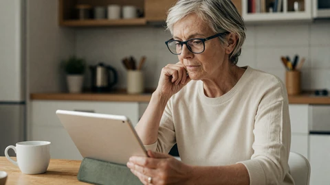 Mature woman reviewing FAQ on a tablet at her kitchen table, farmer dating questions answered