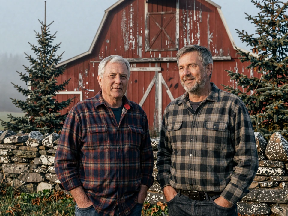 Mature Maine farmer couple in their sixties standing beside a weathered red barn with spruce trees, representing Pine Tree State rural dating for country singles