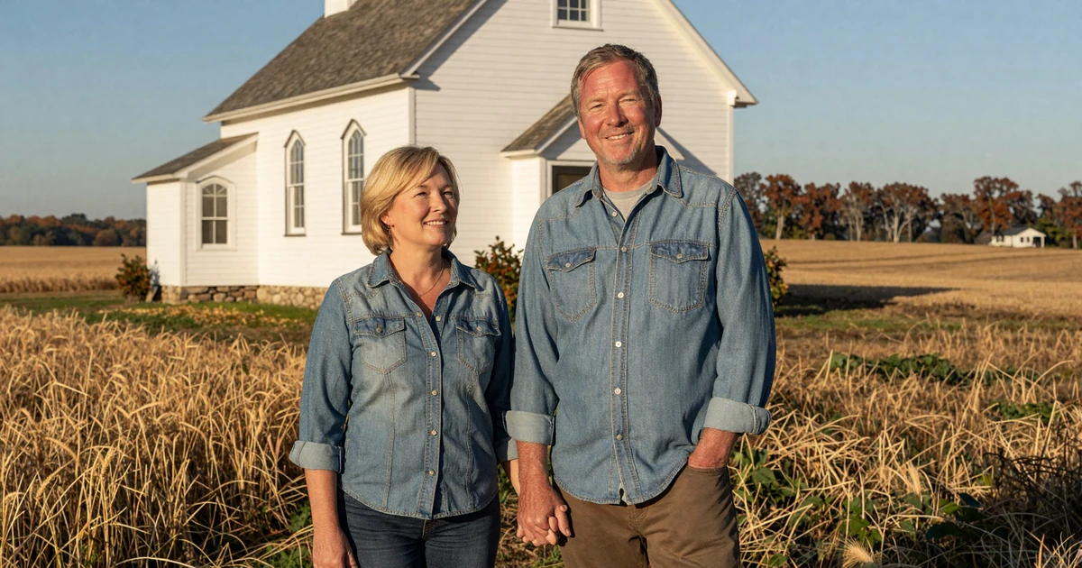 Mature West Virginia farm couple in their sixties on the porch of a mountain homestead with Appalachian ridges behind them, representing rural WV dating