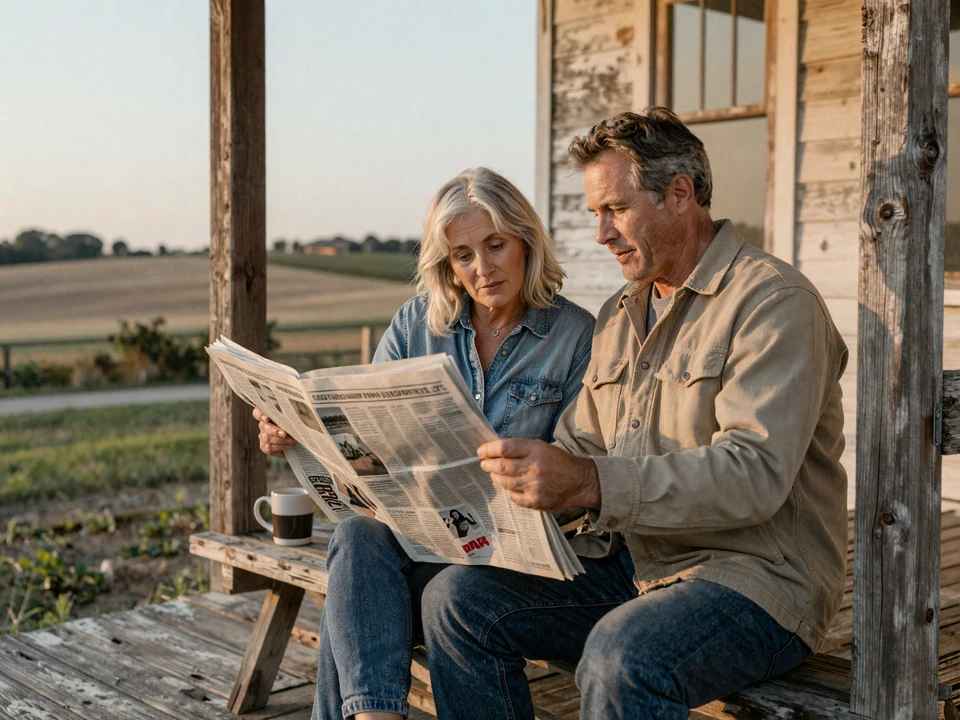Mature farmer couple reading together on a farmhouse porch at golden hour, representing the rural dating advice covered in the SeniorDatingSenior blog