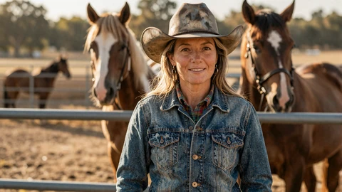 Mature cowgirl at a ranch corral at golden hour, country farmers dating community