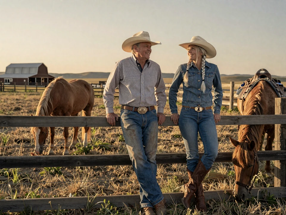 Mature cowboy couple James and Rae leaning on a pasture fence at sunset, a country farmers dating lifestyle moment