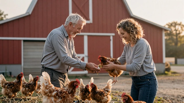Mature farmer couple feeding chickens at a red barn at sunrise, illustrating daily farm life and relationships