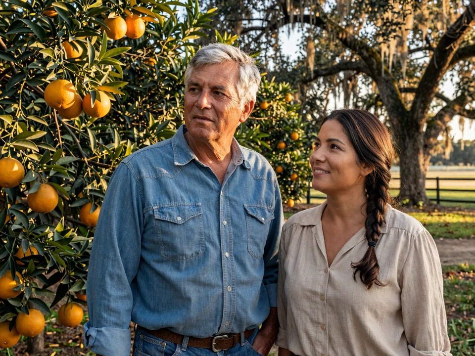 Mature Florida farmer couple in their sixties standing beside a citrus grove with moss-draped oaks, representing Sunshine State rural dating