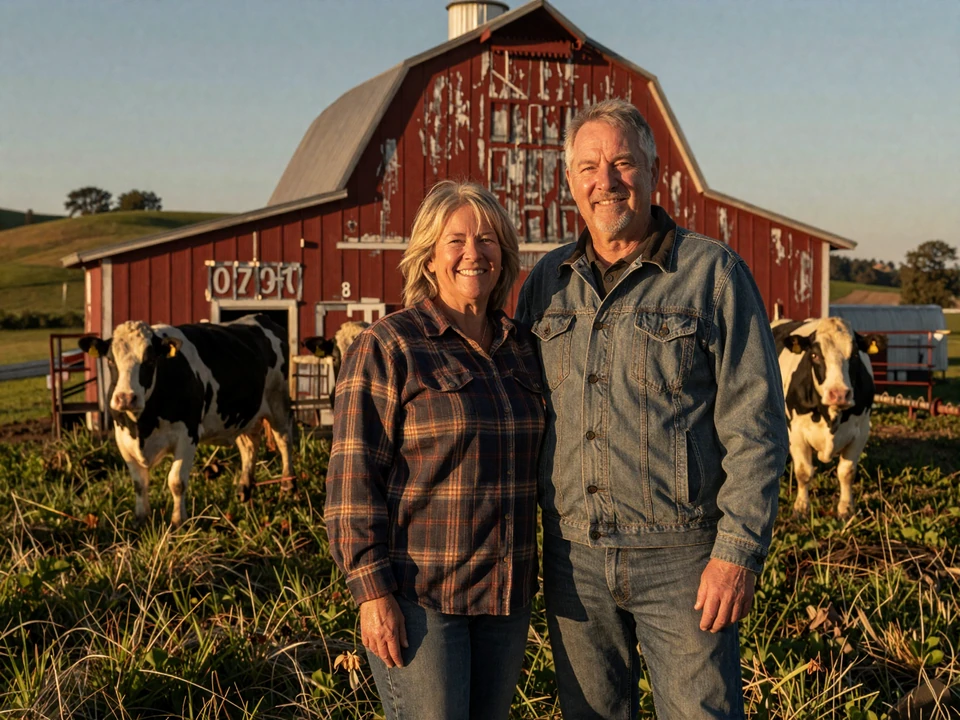 Mature Wisconsin dairy farming couple in their sixties standing beside a red barn with Holsteins in pasture, representing Dairyland rural dating
