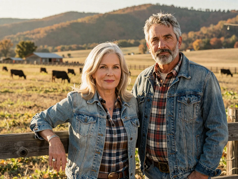 Mature Ohio farmer couple in their sixties walking along a corn field with a red barn behind them, representing Buckeye State rural dating
