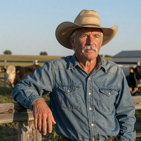 Delbert, 64, a Kansas cattle rancher from Dodge City, leaning on a wooden fence post