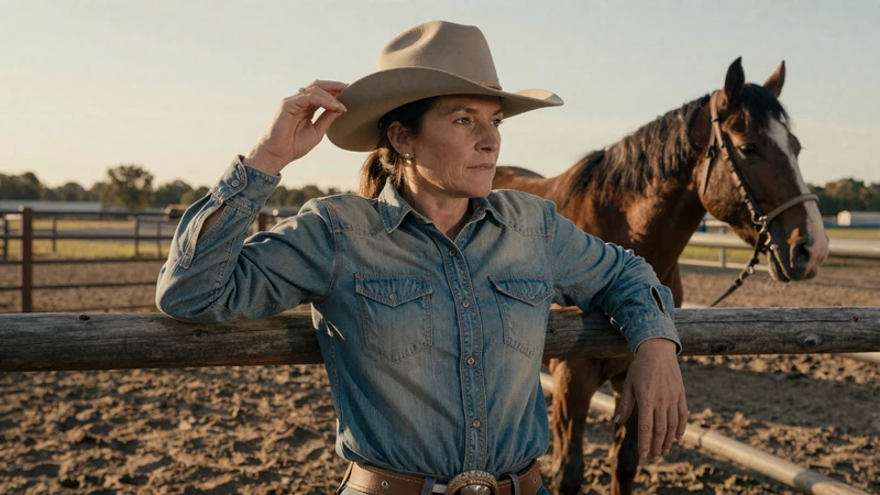 Mature cowgirl at a ranch corral at golden hour, country farmers dating community