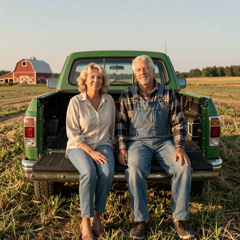 Mike and Donna sitting on a pickup truck tailgate in their Ohio hay field after their farmer dating site match