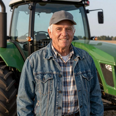 Wayne, 71, a Kansas grain and hay farmer from Salina, standing by a green tractor