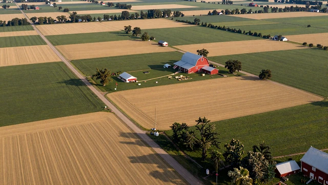 Aerial patchwork of Midwestern farm fields with red barns and dirt roads, local farmers dating hub