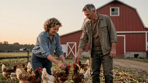 Mature farmer couple feeding chickens together at a red barn at sunrise, daily farm life routines