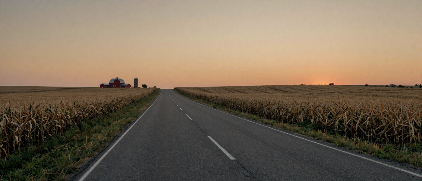 Empty country road at dusk stretching through open farmland with a distant red barn, illustrating long-distance rural relationships