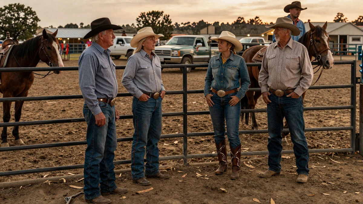 Mature cowboys and cowgirls near a rodeo arena at dusk, showing the real rodeo dating community