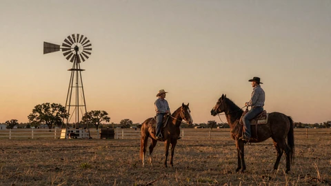 Texas ranch at dusk with mature couple on horseback, Texas farmers dating